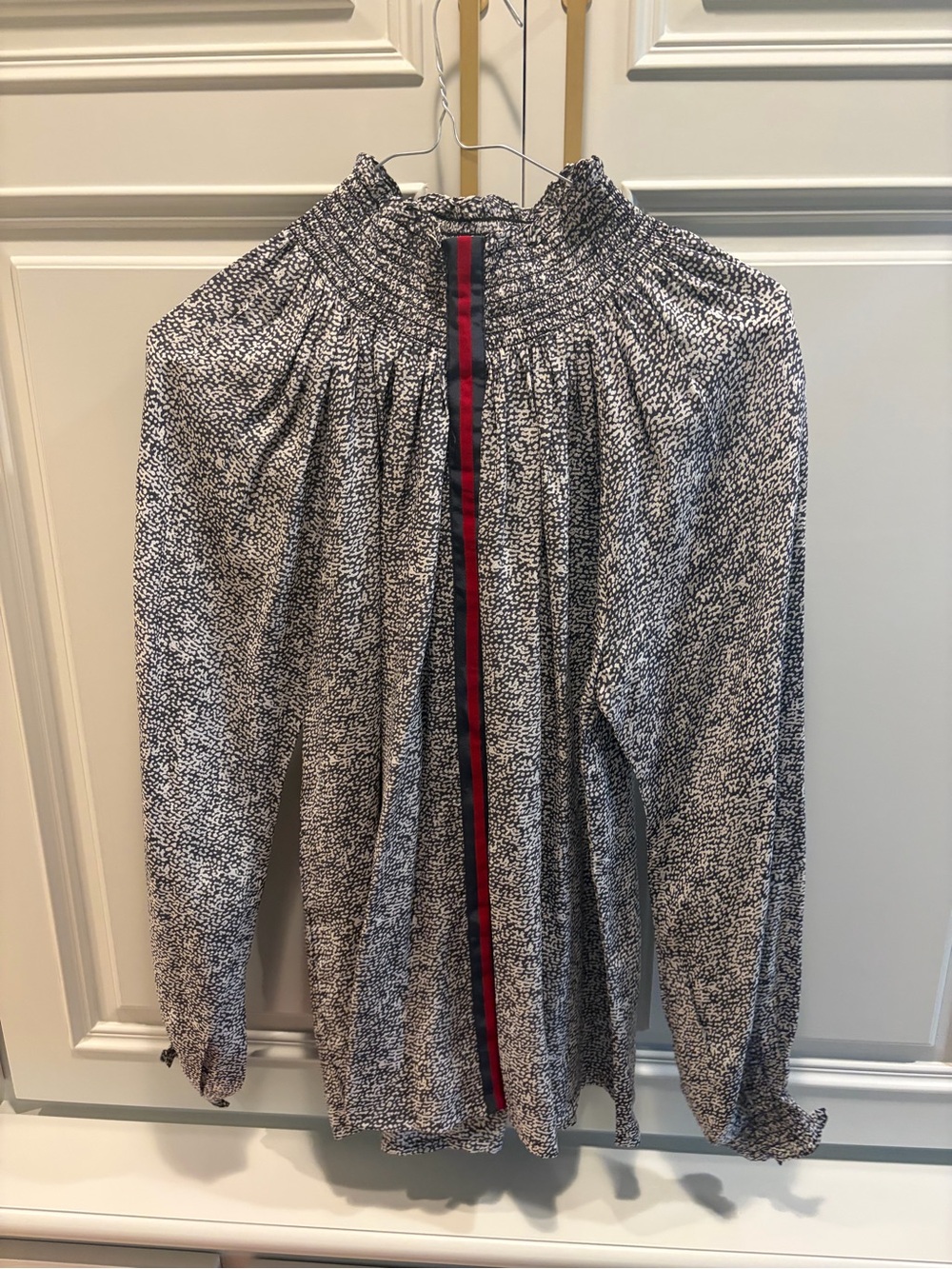 Smocked Neck Long Sleeve Blouse with Center Stripe - Navy, White, Red